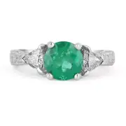 2.0tcw Colombian Emerald & Trillion Diamond Three Stone Engagement Ring 14K