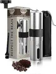 Kitcoff Manual Coffee Grinder — Stainless Steel Conical Burr Coffee Bean Grinder with Hand Crank, 18 Adjustable Settings, Storage Pouch and Sturdy Grip — Portable Coffee Grinder for Camping or Travel