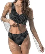 [Chaks] Glitter Mesh Top Black for Women, Transparent Rhinestone Mesh Top with Long Sleeves for Festival & Party