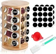 KITment Bamboo Rotating Spice Rack Organiser with 20 Spice Jars, Revolving Spice Rack Tower Seasoning Organizer for Kitchen Cabinet Countertop, with 32 blank labels Spice Labels