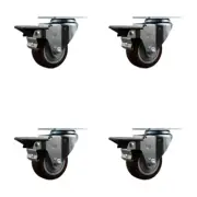 3 Inch Maroon Poly Wheel Swivel Top Plate Caster Set Posi Brake Service Caster