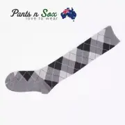Knee High Socks Grey Diamond Check Ladies Long Womens AU Stock