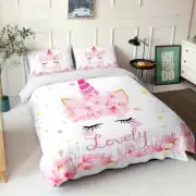 Wondeful Pink Cute Unicorn 3D Quilt Duvet Doona Cover Set Pillow case Print