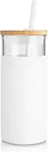 Tronco 20oz Glass Tumbler Glass Water Bottle Straw Silicone Protective Sleeve Bamboo Lid - BPA Free, White