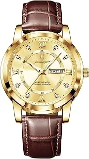 Men's Business Quartz Watch - 41mm Date & Day Display, Luminous Hands, 30M Water Resistant, Genuine Leather Strap (Gold/Silver/Black/Blue/Green)