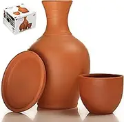 Clay Water Pitcher with Cup, Clay Water Pot for Drinking, Terracotta Mud Jugs with Mug and Platter, Earthen Water Carafe Set, Pottery Jar for Drinking Water, 76 oz