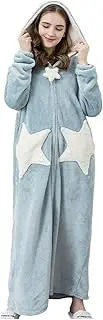 [DSAoTeng] Women Fuzzy Fleece Plush Full Zip Hooded Bath Robe-With Pockets Long Thickened Soft Coral Velvet Star Pattern Robe Winter Sleepwear Loungewear