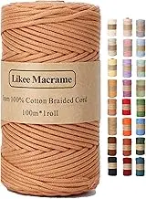 Braided Macrame Cotton Cord 3mm x 109yards,Macrame Rope, 100% Natural Cotton Rope Macrame String,Colorful Cotton Craft Cord for Bag,Wall Hanging, Plant Hangers, Crafts, Knitting（Light Brown）
