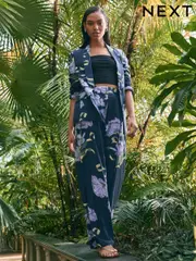 Navy Floral Kew Gardens Wide Leg Trousers with Linen (AF6670) | $103