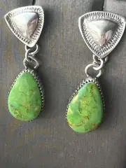 Green Turquoise Teardrop Dangle Earrings Navajo Avin Joe Sterling Silver E3227