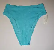 American Eagle Aerie Crinkle High Cut Cheeky Bikini Bottom LARGE Metallic Blue