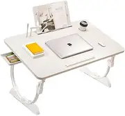 MOTRAIN Adjustable Laptop Bed Desk, Portable Lap Desk with Storage Drawer, Cup Holder, and Foldable Design, Ideal for Eating, Reading, or Gaming (White)