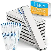 Grtard 14 Pack Powerful Neodymium Bar Magnets, 60 x 10 x 3 mm Rare Earth Magnet Bar, Rectangle Magnet, N52 Neodymium Magnets with Double Sided Adhesive Backing for Outdoor, Fridge, Whiteboard