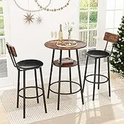 Zevemomo 3 Pieces Round Bar Table and Chair Set, Small Dining Table for 2, Breakfast Table with Storage, Modern Kitchen Bar Table, 2 Upholstered Stools with Backrest for Dining Room & Bistro-Brown