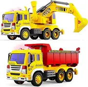Excavator & Dump Truck Toy for Kids (Set of 2), TOYABI Garbage Truck & Bulldozer Digger Moveable Claw Lifting Back with Lights and Sounds Construction Vehicle for Kids Boys Girls