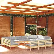 13 Piece Garden Lounge Set with Grey Cushions Solid Pinewood Patio Bar Sets