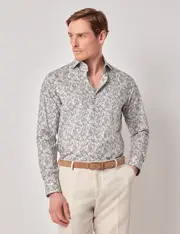 Hawes & Curtis Green & White Tropical Flower Slim Curtis Shirt | High Collar Size: XXL