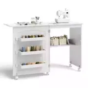 Sewing Machine Table Cart Cabinet Expandable Folding Craft Storage Shelves White