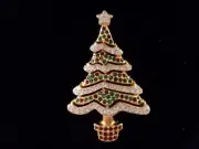 Signed Swan Swarovski 2000 Clear Green and Red Crystal Christmas Tree Brooch Pin