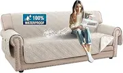 [Smarcute] 100% Waterproof Couch Protector Sofa Cover 3 Cushion Sofa Modern Sofa Covers Washable Thick Soft Couch Cover for Dogs with Elastic Straps (Sofa, Frenck Oak/Beige)