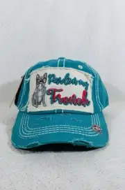 Pardon My French Dog Embroidered Factory Distressed Blue Hat Baseball Cap.