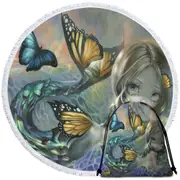 Mermaid and Butterflies Fantasy Painting Sea Monarch Round Beach Towel