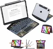 Clear Case for 2024 iPad Pro 13-in (M4) with Wireless Keyboard,7 Colors Backlight, Trackpad, 360° Swivel Stand with 5 Adjustable Viewing Angles, (Techno Black, for iPad Pro 11-in.(M4))