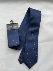 Luciano Ferretti 100% Silk Tie & Pocket Square Set Blue with Crosses New