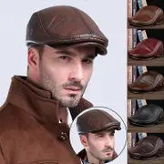 Men's Genuine Leather Beret Hunting Cap Cowhide Leather Warm Hat for Men brown L(55-56cm)