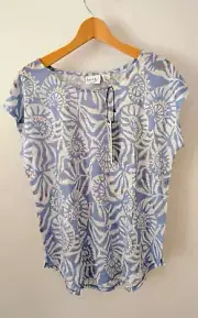 NWT NICOLE MILLER Womens L Blue Flower Print 100% Linen Short Slv Top Tee Shirt
