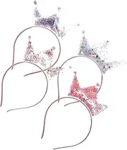 [TOVINANNA] Crown Shape Sequin Hair Band Set 4pcs Plastic Princess Headbands Boys and Girls Birthday Party Headwear Photo Prop Accessory Sequined Hair Hoop Random Color
