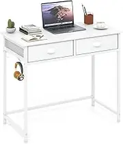 Giantex Computer Desk, Space Saving Home Office Desk with 2 Fabric Drawers, 4 Hanging Hooks & Metal Frame, Simple Study Vanity Table for Living Room & Bedroom (White)
