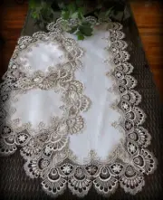Table Runner Dresser Scarf Taupe Lace Antique White 36" PLUS 2 Round Doilies