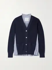 [Sacai] Sacai - Cotton And Pleated Striped Poplin Cardigan - Navy - 1 1 Blue