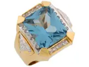 10k or 14k Two Tone Gold Simulated Aquamarine with CZ March Birthstone Mens Ring