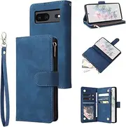 for Google Pixel 7 Wallet Case,for Google Pixel 7 Case,Boyobacase PU Leather Wallet Flip Cover Stand Feature[ 6 Card Slots and 1 Zipper Coin Pocket] with Wrist Strap-Blue