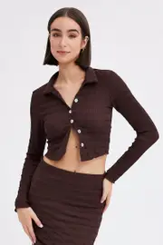 Brown Crop Shirt Long Sleeve Collar Textured - Size 10, Women's Top