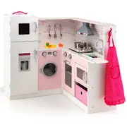 Babyjoy Kids Corner Kitchen Toy Wooden Cooking Pretend Playset w/Full Accessories Toddler Chef Toy Gift Pink