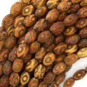 11mm - 12mm matte brown Tibetan DZI agate barrel beads 15" strand evil eye