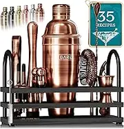 Bare Barrel Mixology Bartender Kit Bar Set | 14-Piece Martini Cocktail Shaker Set | Professional Barware Mixing Tools for Home Bar | Stand & 35 Recipe Cards | Gift Set (-Antique Copper)