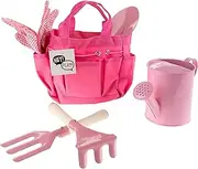 Hey! Play! Kid’s Garden Tool Set with Child Safe Shovel, Rake, Fork, Gloves, Watering Can and Canvas Tote- Mini Gardening Kit for Boys and Girls, Pink