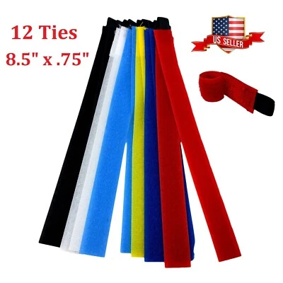 12 Reusable Cable Ties Cable Management 8.5"x.75" Strap Hook And loop Closure