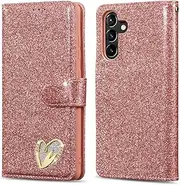[QLTYPRI] Case for Samsung Galaxy A15 4G/5G, Bling Shiny Glitter Flip Folio Case Full-Body Protective Cover Card Slots Magnetic Closure Kickstand Wrist Strap for Women Girls A15 Case - Rose Gold