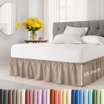 Wrap Around Dust Ruffle Bed Skirt, Easy Fit & Pleated 15" Drop by CGK Linens