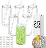 SUBCUB 25 Pack Plastic Snowglobe Tumbler 16oz Pre-Drilled Double Wall Acrylic Clear Cup, Snow Globe Can Cups DIY with Lid and Straw, Mason Jars Iced Coffee Juice Juice Cups