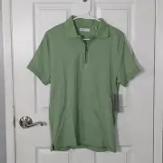 NWT Geoffrey Beene 100% Cotton Short Sleeve Zipper Polo in Basil Green Size S