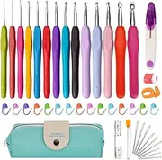 14 Size Crochet Hooks Set, Multicoloured Crochet Hooks with Needles and Stitch Markings, 2mm(B)-10mm(N), Ergonomic Soft Grip Handles, Crochet Sets for Beginners and Adults