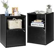 Giantex 2Pcs End Side Table, 2-Tier Bedside Table Nightstand, 1 Open Shelf & Door Cabinet, Wooden Sofa Side Table for Home Office Living Room Bedroom Study Room (Black)