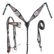 western Leather Equestrian Tooled Beaded Headstall,Breast Collar & Reins. (H053)