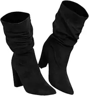 [Syktkmx] Womens Winter Slouchy High Heel Boots Mid Calf Suede Slip on Chunky Block Pointed Toe Boots